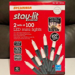 Sylvania Stay-Lit Platinum 2 Sets of 100 LED Mini Lights - Pure White (New)
